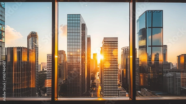Obraz Stunning sunset over a modern city skyline viewed through glass windows in a high-rise building