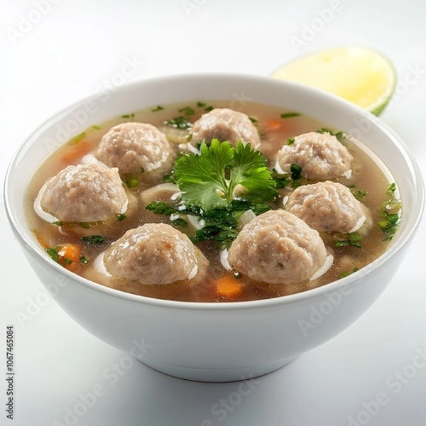 Obraz Popular Savory Indonesian Meatball Soup (Bakso) in a Classic White Bowl, Isolated on White
