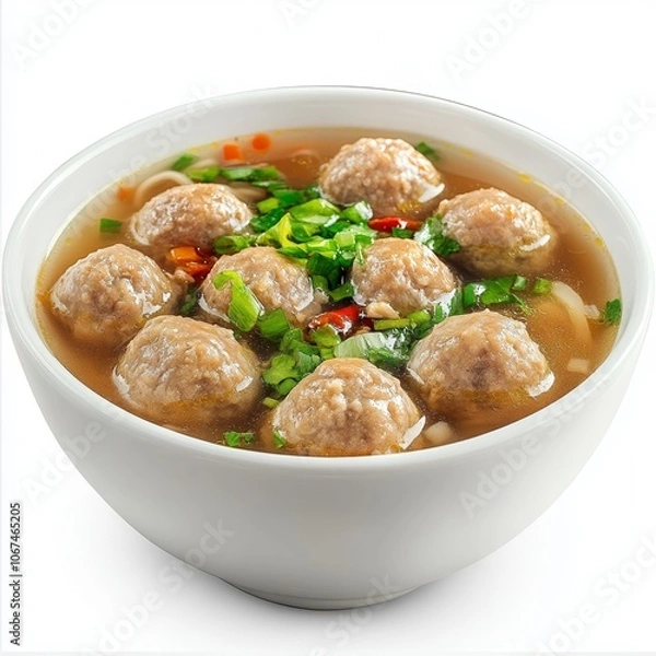 Obraz Popular Savory Indonesian Meatball Soup (Bakso) in a Classic White Bowl, Isolated on White