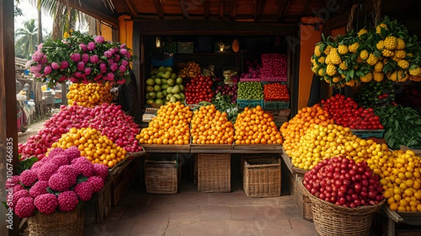 Fototapeta Colorful stalls at a local farmers market, with fresh fruits, vegetables, and flowers creating a vibrant and lively atmosphere
