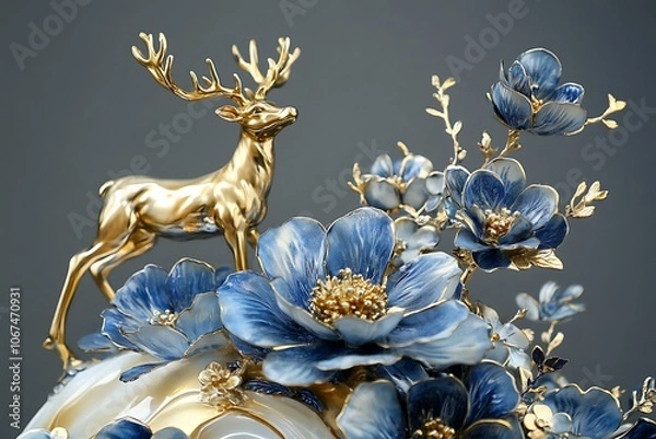 Fototapeta 3d illustration - oil painting of golden deer in the mountain. Luxurious abstract art digital painting for wallpaper

