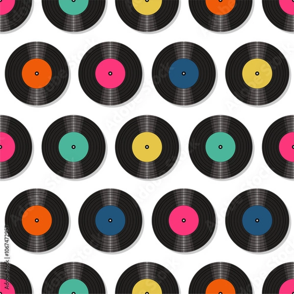 Fototapeta Seamless pattern print wallpaper with vinyl record discs music illustration vector retro style 60s, 70s, 80s, design art background for paper, textile, pack etc. 