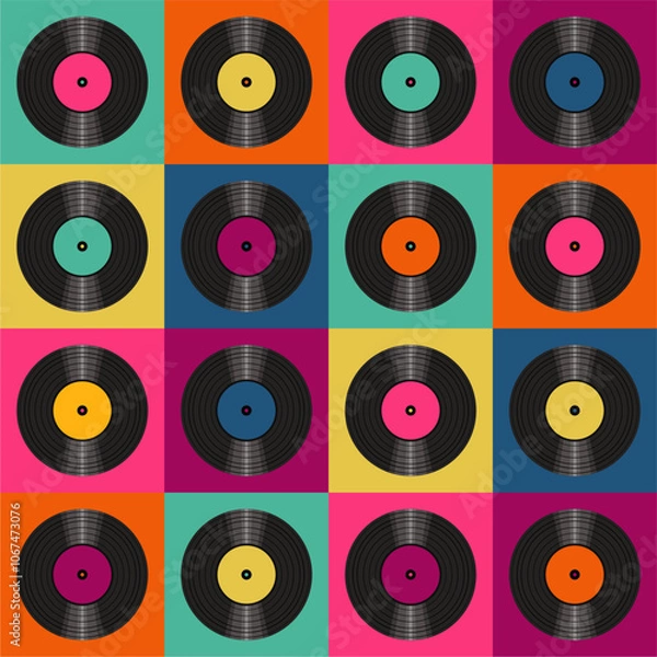 Fototapeta Seamless pattern print wallpaper with vinyl record discs music illustration vector retro style 60s, 70s, 80s, design art background for paper, textile, pack etc. 