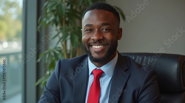 Fototapeta  smiling businessman in suit and red tie sitting in chair, head and shoulders