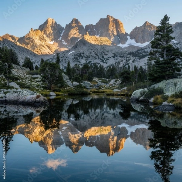 Fototapeta capturing a serene mountain lake, reflecting the surrounding peaks in the early morning light