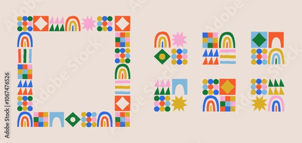 Fototapeta Fun colorful geometric shape set. Abstract retro children style art element for kids, trendy design with geometry mosaic shapes. Simple childish patchwork clip art decoration.