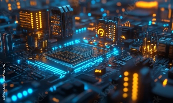 Fototapeta Futuristic circuit board with glowing elements and blue lights