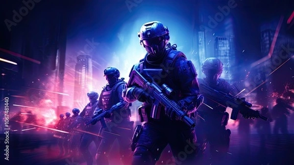 Obraz Combat infantry attack the enemy. Fully equipped soldiers of war run forward with rifles ready to shoot. Military operation in action. Special Forces. Squad running in formation. Army concept.
