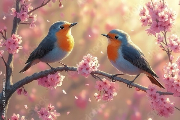 Fototapeta vivid illustration of two robins nestled in a cherry blossom tree capturing the essence of spring with bright colors symbolizing new beginnings and the joyous arrival of natures beauty