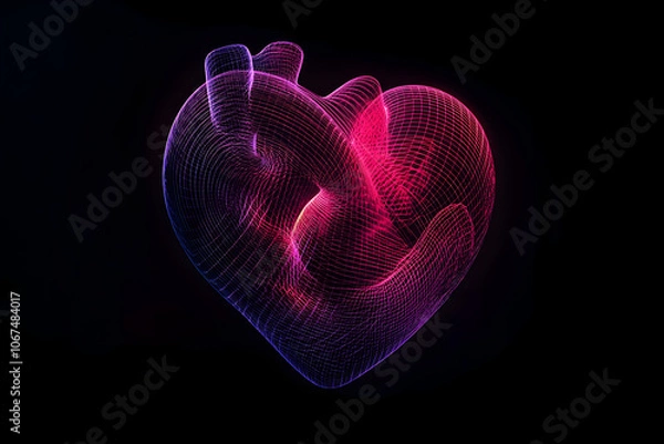 Fototapeta A neon wireframe heart glows with pink and purple light trails on a black background, creating a mesmerizing display --ar 3:2 --s 50