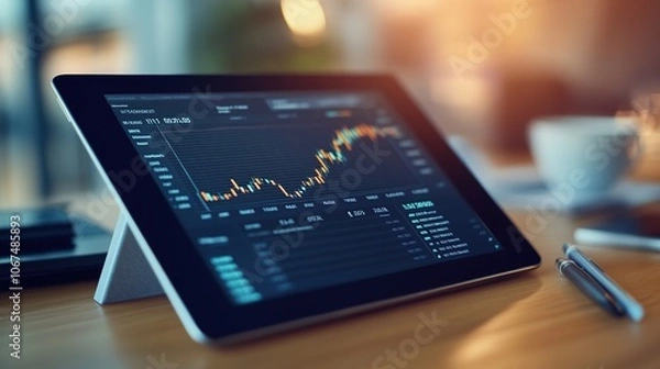 Obraz Tablet with stock market graph on office desk.