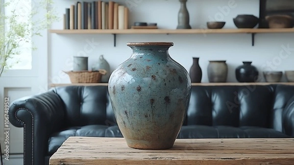 Obraz A rustic clay vase sits on a coffee table by a weathered leather sofa, with shelves adding charm to the room.