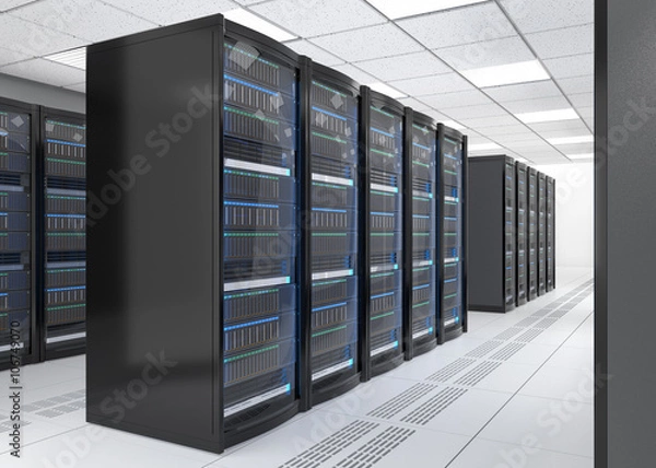 Fototapeta Rzędy serwerów kasetowych w centrum danych. Renderowanie obrazu 3D.