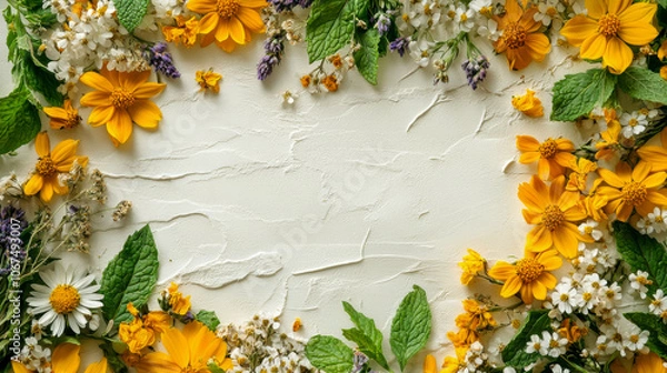 Fototapeta Flower arrangement with yellow and white blossoms on textured background