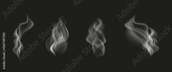 Obraz Set of steam or abstract white smog. Isolated on a black background. Wavy steam, fog, haze, gas, hot drinks, food. Vector