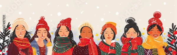 Fototapeta Illustration of a group of smiling friends in winter clothing, enjoying snowfall. Each person wears a cozy hat and scarf, creating a warm and festive atmosphere. 
