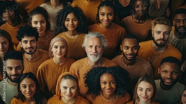 Fototapeta A Diverse Group of Individuals Wearing Warm-Toned Clothing, Standing Closely Together in an Indoor Setting, Showcasing Unity and Togetherness During a Community Gathering or Event