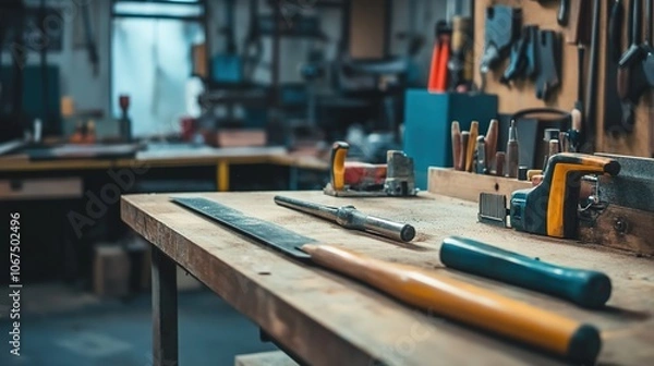 Fototapeta Workshop scene with tools on bench, craftsmanship concept