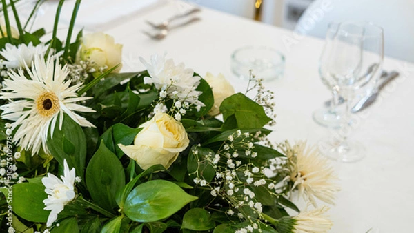 Fototapeta Beautiful flowers decorated on the table. Tables set for an event party or wedding reception. luxury elegant table setting dinner in a restaurant.