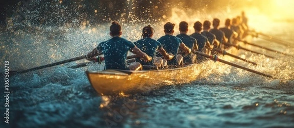 Fototapeta A rowing team races through the water at sunset, creating a spray of water.