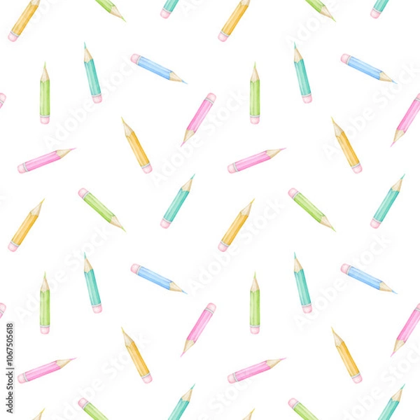 Fototapeta colored pencils. Watercolor seamless pattern on white background in pastel colors for textile and wrapping paper. Cute illustration back to school for kids