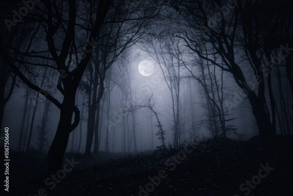 Fototapeta dark fantasy forest at night with full moon