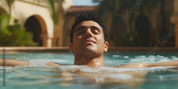 Fototapeta Young man with closed eyes relaxing in warm bubbling pool water, enjoying sun soaking luxury resort spa wellness summer holiday vacation relaxation leisure concept.