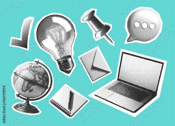 Fototapeta office elements collection, laptop, notebook, pin, light bulb, globe, checkmark, envelope and speech bubble, set of retro halftone effect elements
