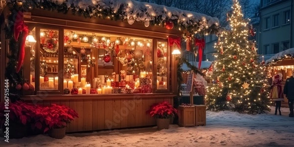 Fototapeta a romantically illuminated stall with arts and crafts at Christmas market in the evening in deep snow