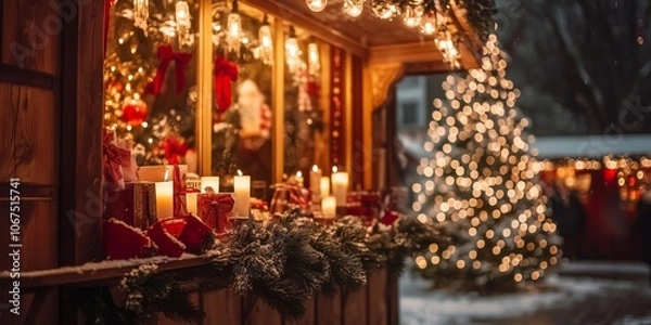 Fototapeta a romantically illuminated stall with arts and crafts at Christmas market in the evening in deep snow