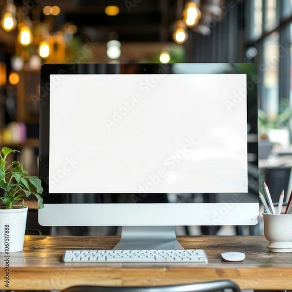 Obraz Work place concept : Mock up Blank screen computer desktop with keyboard in cafe or co-working background. -