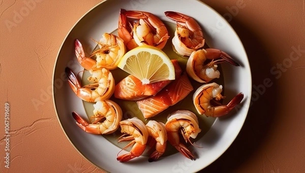 Fototapeta "Grilled Shrimp and Salmon Platter with Lemon for Fresh Seafood Lovers"