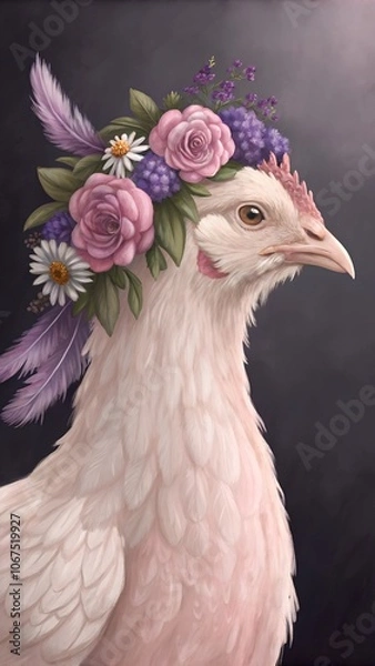Fototapeta Hen with Floral Crown on Dark Background