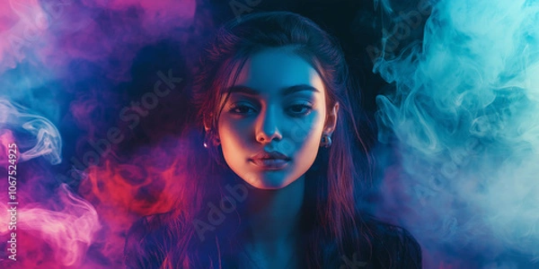 Obraz vibrations depicted as colorful smokey liquid art travels from the sky down to the ears of a realistic young woman with cool hair facing forward, enlightened expression