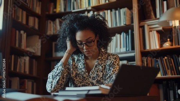 Fototapeta Thoughtful Woman Studying in a Library Surrounded by Books