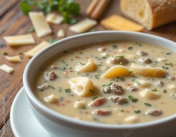 Fototapeta Creamy Beef Pasta Soup in a Rustic Kitchen