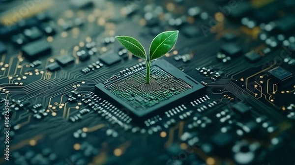 Fototapeta Eco-Friendly Technology: Green Plant Growing on a Circuit Board. AI generated illustration
