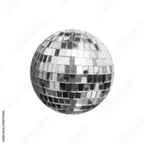 Fototapeta Round shining disco ball isolated on white background. Halftone effect. 90s. Dots. Trendy vintage style. Celebrating Christmas, New Year, party and wedding. Vector illustration.