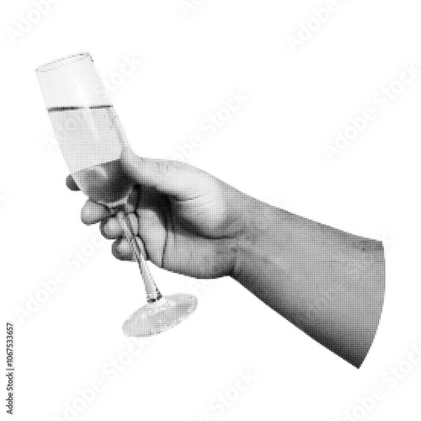 Fototapeta Man's hand holds a glass of champagne and white wine. Cheers. Festive toast. Congratulation. Halftone effect. Vintage style. Celebrating Christmas, New Year, party and wedding. Vector illustration.
