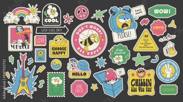 Obraz groovy 90s stickers, collection of cute retro stickers, vector illustration
