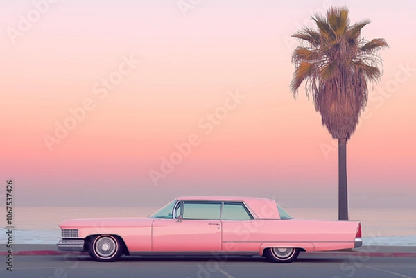 Fototapeta Pink Car on Malibu Beach at Sunset with Palm Trees and Pastel Sky