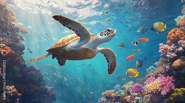 Fototapeta Colorful sea turtle gliding through a vibrant underwater scene filled with fish and coral reefs. AI generated illustration