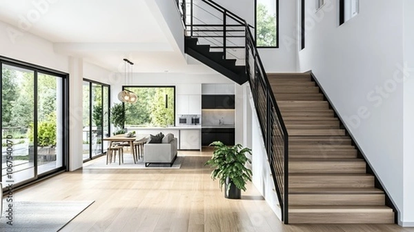 Fototapeta Modern open-concept home interior with staircase and large windows. AI generated illustration
