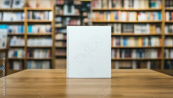 Fototapeta Blank book cover mockup on an empty table in a bookstore. AI generated illustration