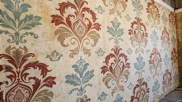 Obraz Distressed damask wallpaper with a mix of warm and cool tones, natural, distressed, striped