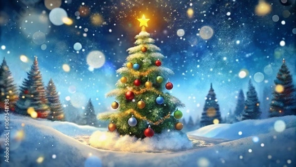 Fototapeta Snow background with blur bokeh of decorated Chritmas tree
