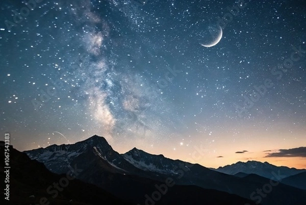Fototapeta A breathtaking view of a star-filled sky with a crescent moon and a silhouette of mountains in the background, sky, cosmos