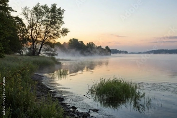 Fototapeta A quiet dawn unfolds on the shore where morning fog clings to the rippled waters' edge, morning fog, calm atmosphere