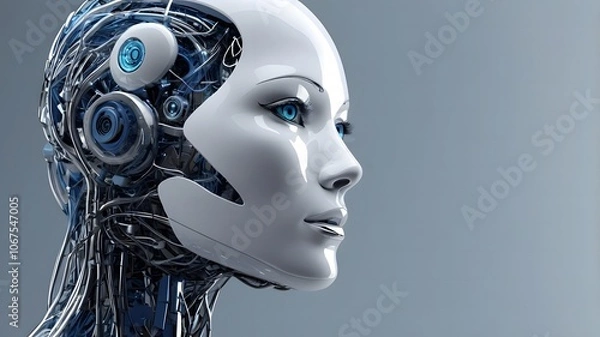Obraz Abstract image of artificial intelligence in the form of a combination of a robot head and a network with free space for text , blue and silver shades, 3D rendering