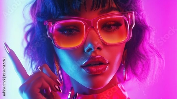 Fototapeta High Fashion model woman portrait in colourful bright neon lights, beautiful party girl with trendy make-up, manicure, hairstyle. Pointing hand, advertising gesture over colorful vivid background.